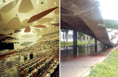 A la izquierda, el aula magna con los móviles de Alexander Calder, diseñados para mejorar la acústica de la sala. A la derecha, uno de los pasillos cubiertos de hormigón armado diseñados por Carlos Raúl Villanueva, en una foto tomada la semana pasada. |