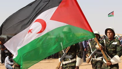 Tropas saharauis con la bandera de la RASD.