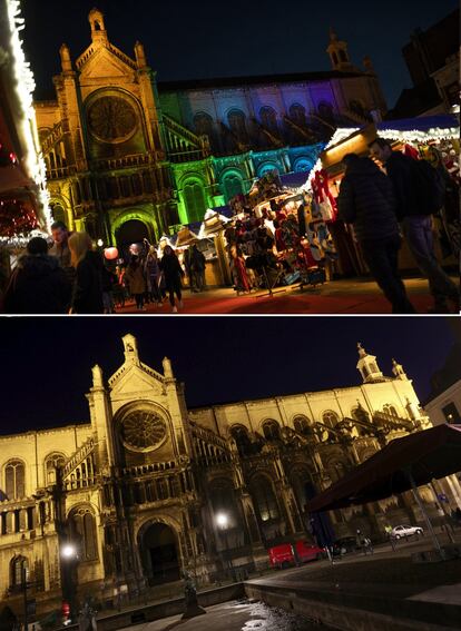 Arriba, el tradicional mercado navideño junto a la iglesia de Santa Catalina en Bruselas (Bélgica), 18 de diciembre de 2019. Abajo, el mismo lugar el 24 de noviembre de 2020.