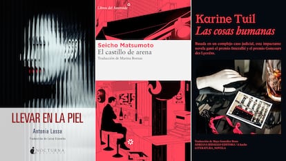 Combo portadas de libro: Llevar en la piel, Las cosas humanas y El castillo de arena.