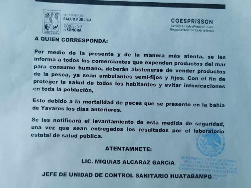 Comunicado del Gobierno de Sonora en el que pide a los comerciantes que expenden productos del mar para consumo humano, abstenerse de vender productos de pesca.
