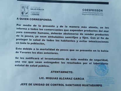 Gobierno de Sonora en el que pide a los comerciantes que expenden productos del mar para consumo humano, abstenerse de vender productos de pesca.