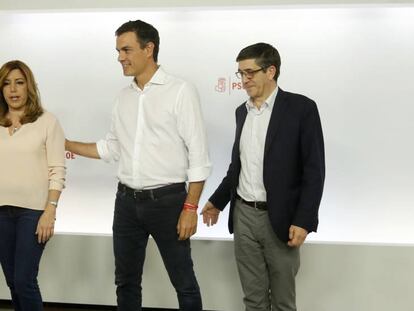 Susana Diaz, Pedro S&aacute;nchez y Patxi L&oacute;pez en Ferraz. 