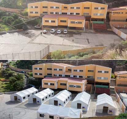 Montaje del campamento en el colegio León, en la barriada de El Lasso, en Las Palmas de Gran Canaria.