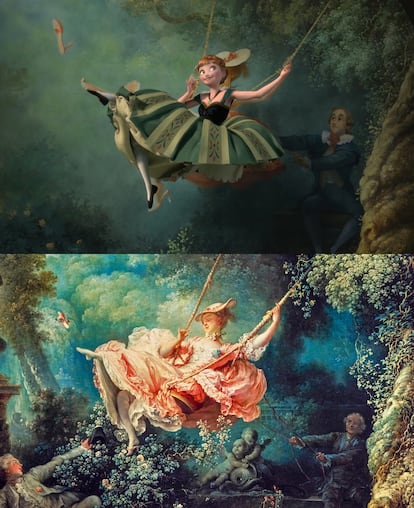 Fotograma de la película de 'Disney Frozen' y el cuadro 'El columpio', de Fragonard, en el que aquel se inspiró. Está en la Wallace Collection, en Londres.