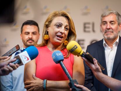 El secretario general de Coalición Canaria, Fernando Clavijo (a la derecha) y la diputada nacional electa por Coalición Canaria, Cristina Valido (en el centro), atienden a los medios de comunicación el pasado día 24.