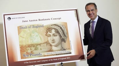 Mark Carney, gobernador del Banco de Inglaterra, en la presentaci&oacute;n del billete con el retrato de la escritora Jane Austen.