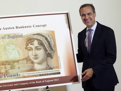 Mark Carney, gobernador del Banco de Inglaterra, en la presentaci&oacute;n del billete con el retrato de la escritora Jane Austen.