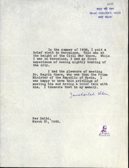 Carta de Nehru, firmada el 31 de marzo de 1963.