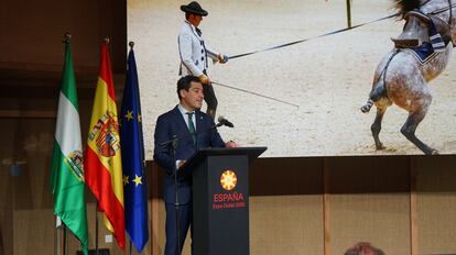 El presidente de Andalucía, Juan Manuel Moreno, durante su intervención el pasado fin de semana en el día de honor de Andalucía de la Expo de Dubái.