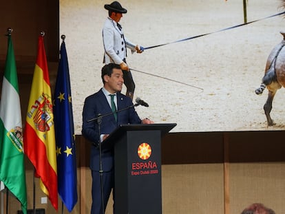 El presidente de Andalucía, Juan Manuel Moreno, durante su intervención el fin de semana en el día de honor de Andalucía de la Expo de Dubái.