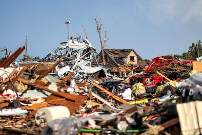 Debris covers a residential area in Perryton, Texas,