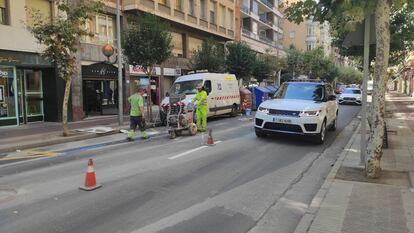 Trabajos para eliminar el carril bici de la avenida de Portugal de Logroño, en agosto de 2023.