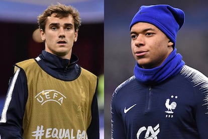 Los jugadores franceses Antoine Griezmann y Kylian Mbappé.