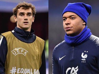 Los jugadores franceses Antoine Griezmann y Kylian Mbappé.