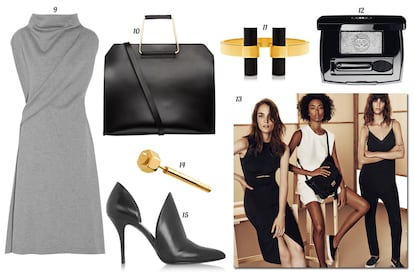 9. Cédric Charlier Vestido cruzado sin mangas con cuello cisne. 10. Asos Tote de piel con asas rígidas de metal dorado. 11. Tom Ford Brazalete con cilindros de piedra. 12. Chanel Sombra de ojos 'Ombre Essentielle'. 13. Mango. 14. Aristocrazy Pendiente en forma de tornillo de plata bañada en oro. 15. Alexander Wang Salón abotinado.