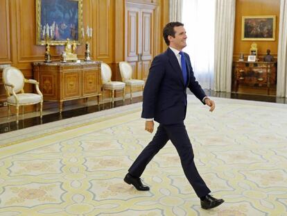 El presidente del PP, Pablo Casado, en el Palacio de la Zarzuela. 