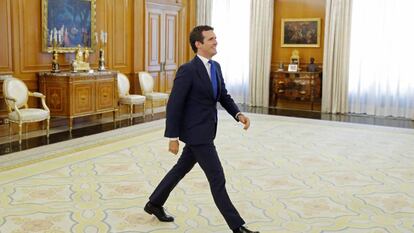 El presidente del PP, Pablo Casado, en el Palacio de la Zarzuela. 