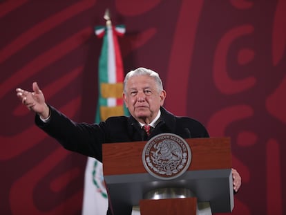 Andrés Manuel López Obrador, durante su rueda de prensa matutina en Palacio Nacional.