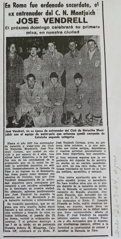 Artículo del diario deportivo 'Dicen' de 1964, en el que se informa de que José Vendrell, entrenador del club de natación Montjuic, se ha ordenado como sacerdote.