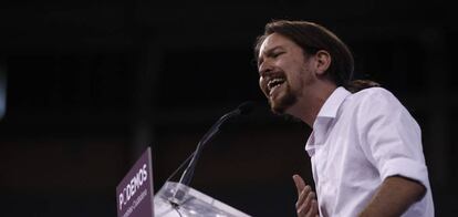 Pablo Iglesias en la asamblea de Podemos. En plaza de toros de Vistaalegre. Foto: Luis Sevillano.