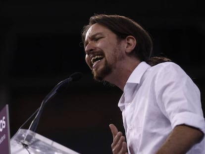 Pablo Iglesias en la asamblea de Podemos. En plaza de toros de Vistaalegre. Foto: Luis Sevillano.