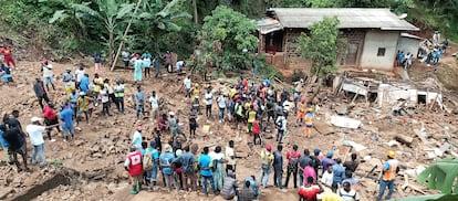 Houses destroyed by water after a dam broke in Mbankolo, Cameroon, on October 8, 2023. 

