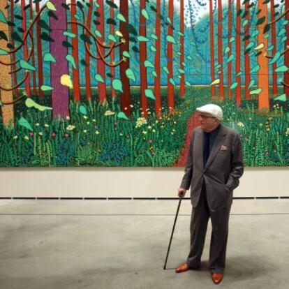 The British artist David Hockney visits his exhibition in the Guggenheim Museum, in Bilbao.