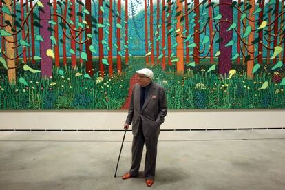 The British artist David Hockney visits his exhibition in the Guggenheim Museum, in Bilbao.