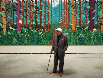 The British artist David Hockney visits his exhibition in the Guggenheim Museum, in Bilbao.