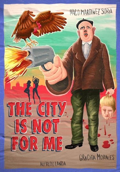 Cartel de cine para la película 'La ciudad no es para mí', según el estilo Ghana. "En castellano me suena a candor de pueblo, y en inglés –The city is not for me'–, a americanda de acción y venganza", dice el ilustrador. |