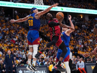 Bam Adebayo goes up against Aaron Gordon in Game 1 of the NBA Finals.