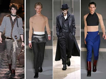 De izquierda a derecha, modelo de Gucci, dos de Prada, de Armand Bassi y Bottega Veneta. En el centro, una propuesta de Yamamoto para el hombre de otoño de 2008.