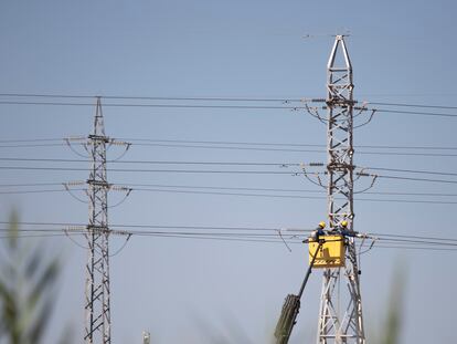 Varios operarios trabajan en un tendido eléctrico, en las afueras de Sevilla.