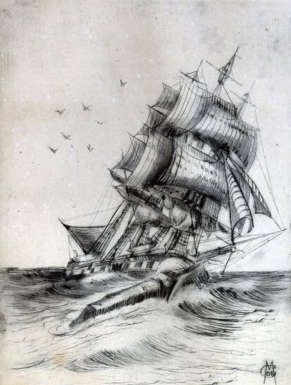 El barco Essex, que inspiró Moby Dick, hundido por una ballena el 20 de noviembre de 1820, dibujado por el marino y artista Clarence W. DeMontigny.
