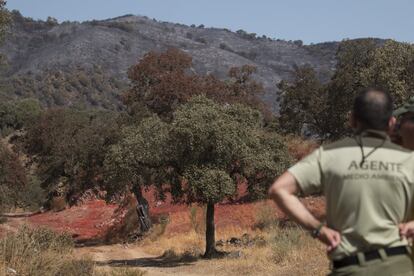 Una de las zonas en las que se ha depositado material retardante contra incendios, de color rojo para ser visible desde el aire.