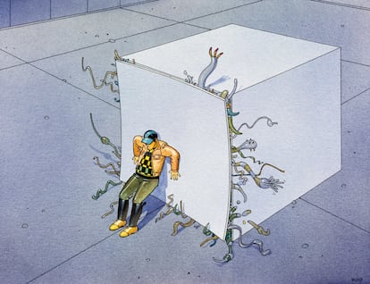 Moebius suele meterse con el aburrimiento de la vida diaria, como en Box office (1994).