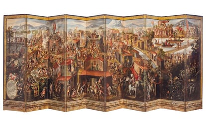 Biombo de la conquista de México (1675-1692), expuesto en el Museo del Prado hasta el 26 de septiembre. / MUSEO DEL PRADO