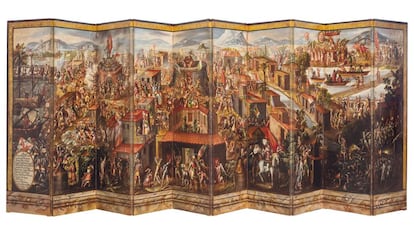 Biombo de la conquista de México (1675-1692), expuesto en el Museo del Prado hasta el 26 de septiembre. / MUSEO DEL PRADO