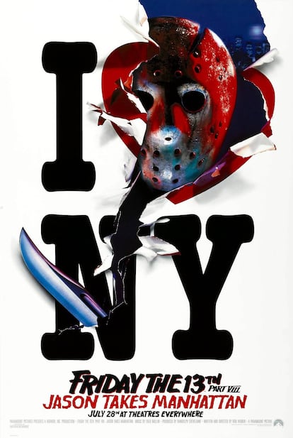 En la octava entrega de la saga, el asesino Jason Vorhees recalaba en Nueva York. Paramount aprovechó para crear este curioso cartel en el que Jason destroza el célebre cartel de "I love New York" diseñado en los setenta por Milton Glaser.