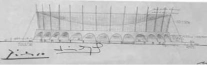 Boceto de Bonet para la plaza de toros de Madrid firmado por Picasso, quien apoyó el proyecto. |