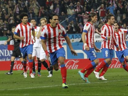 Radamel Falcao celebrates after opening the scoring on Sunday night. 