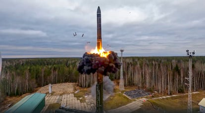 A Yars intercontinental ballistic missile is test-fired as part of Russia's nuclear drills from a launch site in Plesetsk in 2022.