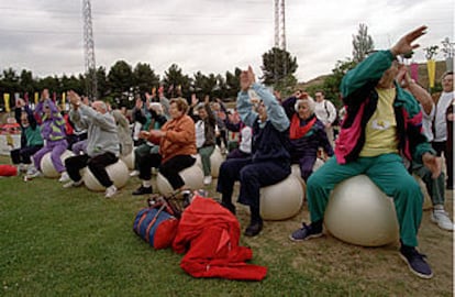 Un grupo de mayores hace gimnasia en un parque madrileño.