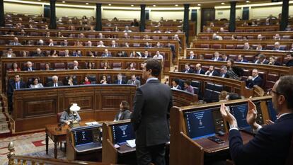 El líder del PP, Pablo Casado, durante su intervención en la última sesión de control al Ejecutivo del año en el Congreso.