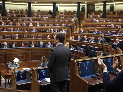 El líder del PP, Pablo Casado, durante su intervención en la última sesión de control al Ejecutivo del año en el Congreso. 