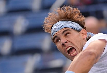 Spanish tennis player Rafael Nadal plays a point against France&#039;s Richard Gasquet during their semifinal match. 