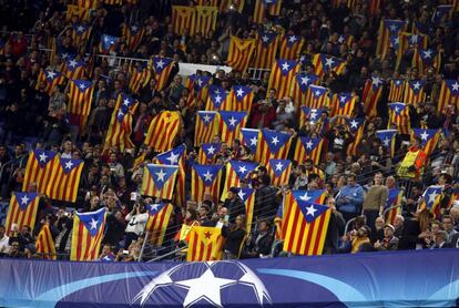 Barça fans holding esteladas at the Copa del Rey final.
