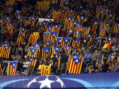Barça fans holding esteladas at the Copa del Rey final.