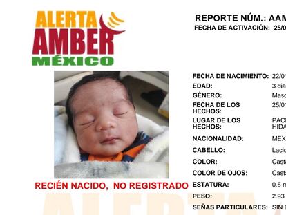 El cartel de la Alerta Amber de la bebé sustraída en la ciudad de Pachuca.